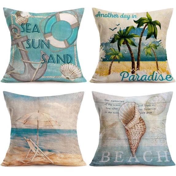 Summer Tropical Beach Cotton Linen Throw Pillow Case Nautical Anchor Seashell & Sea Snail Decorative Cushion Cover Square Pillow Sham 18‘‘x18‘‘ Set of 4,Beach Chair,Coconut Palm