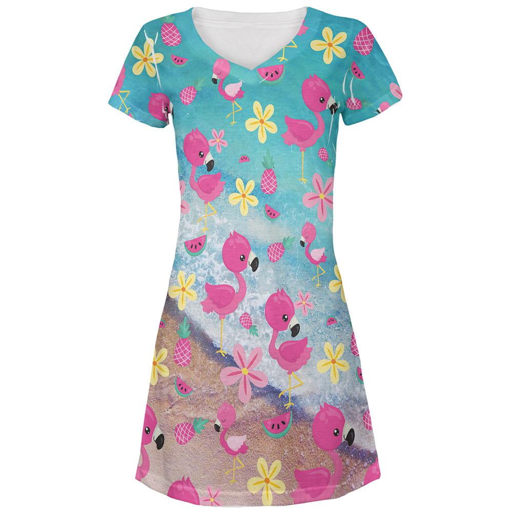 Summer Tropical Beach Flamingos All Over Juniors Beach CoverUp Dress