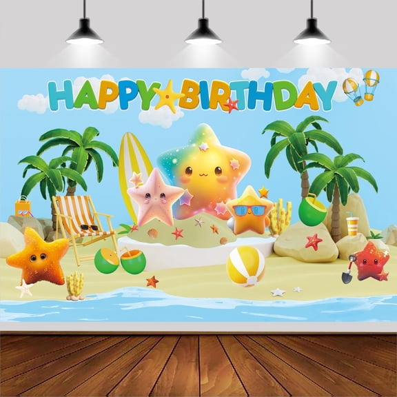 Summer Tropical Beach Starfish Seashell Birthday Backdrop Happy Birthday Photography Background Banner for Kids Themed Baby Shower 1st Birthday Party Supplies Decoration