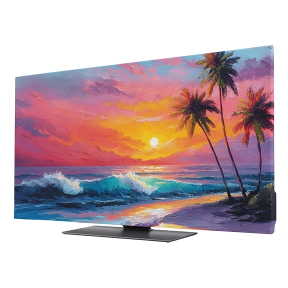 Summer Tropical Beach TV Cover for 50 Inch Screen, Stretch Fabric Dustproof TV Display Protector, Coastal Palm Trees Sunset Elastic Slipcover Monitor Cover for Indoor Desktop Computer 43.6"x24.5"