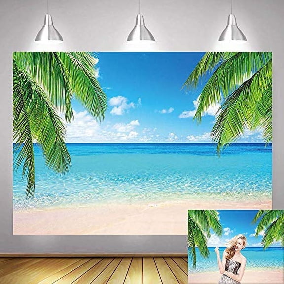 Summer Tropical Beach Theme Photo Backgrounds 5X3FT Sea Ocean Palm Leaf Sand Beach Blue Sky White Hawaii Photography Backdrops Wedding Bride Shower Baby Birthday Party Banner Supplies Props Vinyl