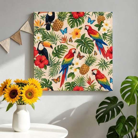 Summer Tropical Birds Canvas Wall Art, Exotic Parrots Pineapples Monstera Leaves Framed Canvas Wall Decor Picture Print Artwork Decorations for Living Room Office Ready to Hang 8" x 8"