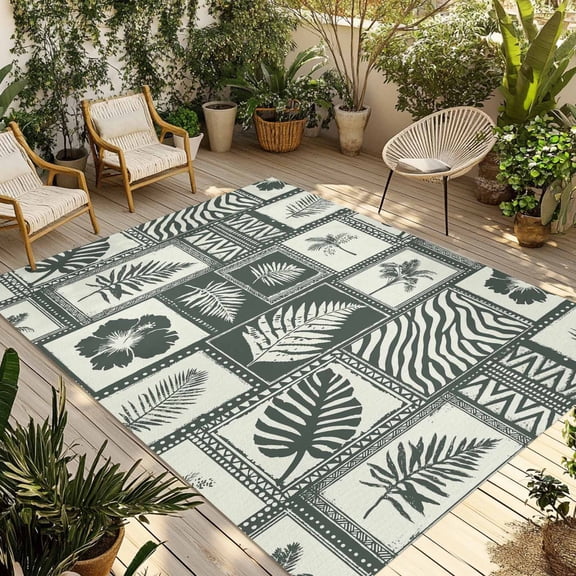 Summer Tropical Boho Outdoor Rug 5x7 ft Monstera Fern Palm Leaf Hibiscus Non Slip Patio Rug Washable Absorbent Large Outdoor Carpet Outside Mat for Porch RV Garden Camping