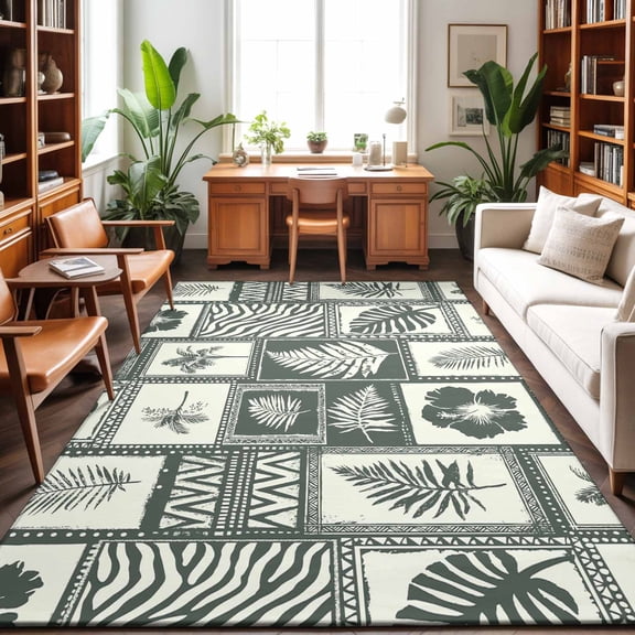 Summer Tropical Boho Washable Area Rug 9 x 12 ft Monstera Fern Palm Leaf Hibiscus, Soft Non Slip Rugs Stain Repellent Indoor Felt Carpet for Living Dining Room Bedroom Home Office