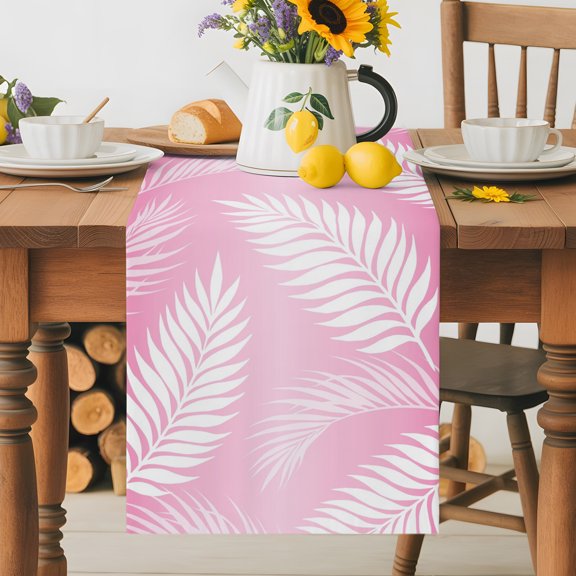 Summer Tropical Botanical Table Runner 36 Inches Long, Feather Palm Fronds on Pink Table Runners Tabletop Scarf Kitchen Dining Tables Decoration for Home Party Indoor Outdoor