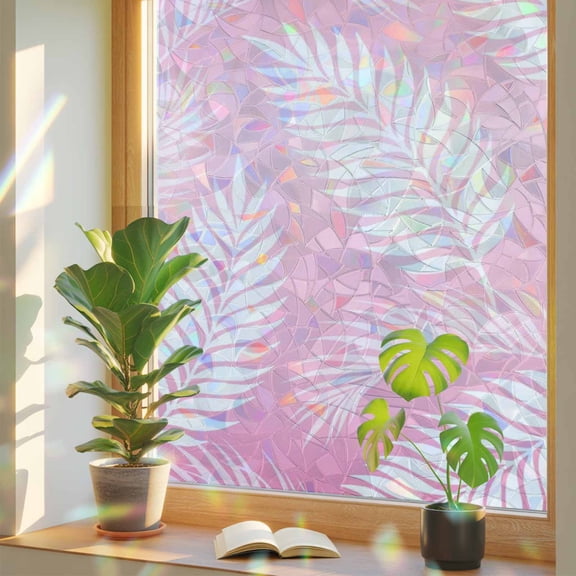 Summer Tropical Botanical Window Privacy Film, Rainbow Film Decorative Window Sticker 17.7x39.3in, Feather Palm Fronds on Pink Sun Blocking Static Stained Glass Cling Tint Non-Adhesive