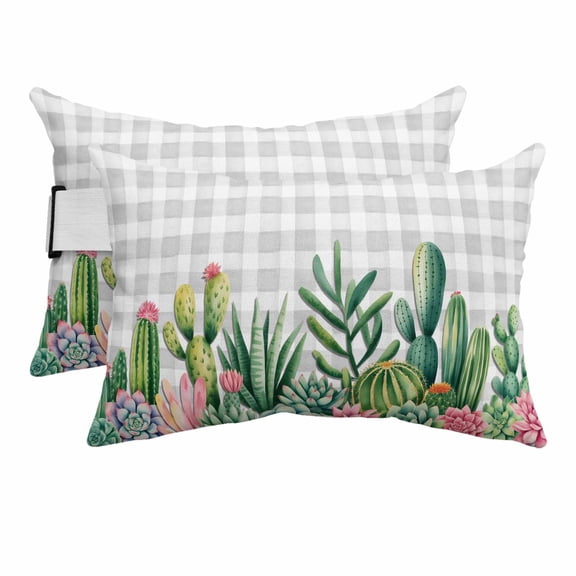 Summer Tropical Cactus Outdoor Pillow for Chaise Lounge Chair,Head Resting Pillow with Insert, Green Pink Plant Gray Buffalo Plaid Waterproof Lumbar Pillows for Patio,11"x16" 2 Pack