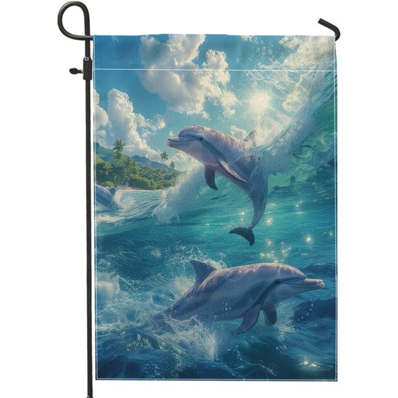 Summer Tropical Dolphin Garden Flag, Blue Green Ocean Waves Yard Flag, Realistic Coastal Beach Scene Outdoor Flag 12x18 Inch
