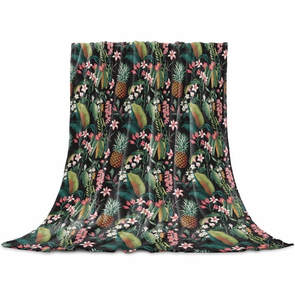 Summer Tropical Flannel Blanket for Bed, Pineapple Floral Botanical Leaves Soft Cozy Warm Couch Throw Blanket, Lightweight Fluffy Plush Bedding Blankets for Sofa Decor All Season 30"x40"