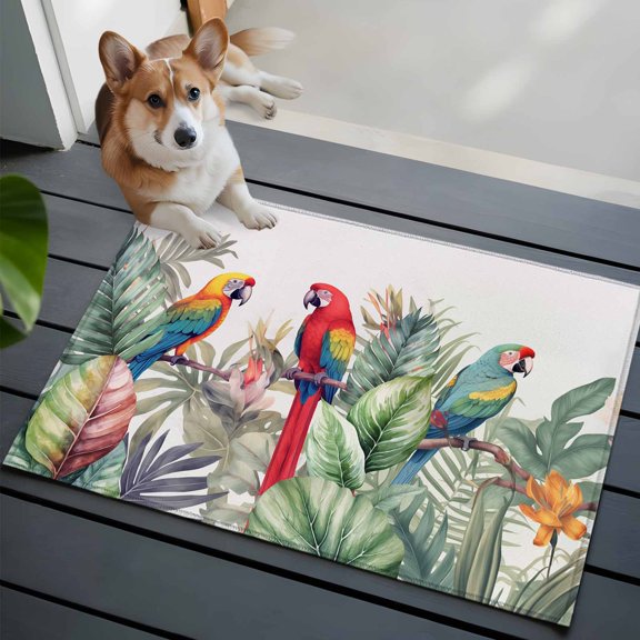 Summer Tropical Front Door Rugs 2x3 ft Palm Tree with Parrot White Texture Small Rug for Entryway Non Slip Washable Bathroom Door Mat Absorbent Floor Mat for Indoor Entrance