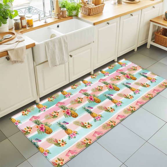 Summer Tropical Fruit Pineapple Rectangle Rug 2'x6' Pink Green Striped Washable Area Rugs for Living Room Bedroom Entryway Non Slip Entrance Door Mat Indoor Floor Carpet