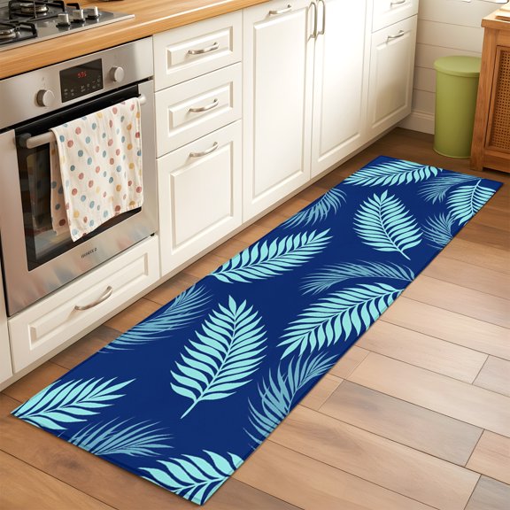 Summer Tropical Green Palm Fronds Rectangle Rug 2'x6' Blue Background Washable Area Rugs for Living Room Bedroom Entryway Non Slip Entrance Door Mat Indoor Floor Carpet