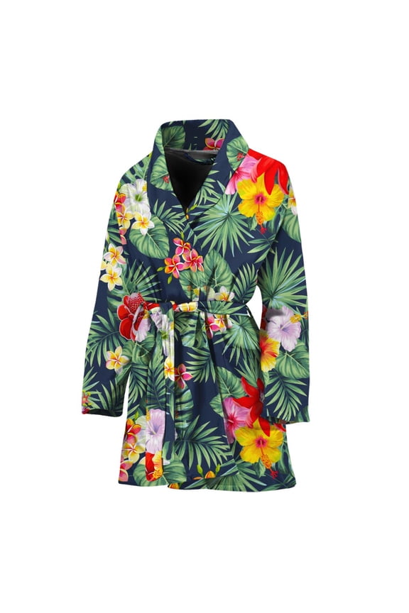 Summer Tropical Hawaii Pattern Women Bathrobe One Size Univeral Fits, Aloha Tropical Hawaiian Fashion Lightweight Plush Fleece Long Robe For Women