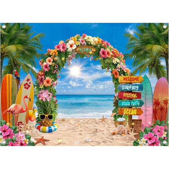 Summer Tropical Hawaiian Beach Backdrop Colorful Flower Blue Sky Palm Tree Flamingo Surfboard Background Luau Aloha Birthday Party Decorations Banner Photo Booth Props