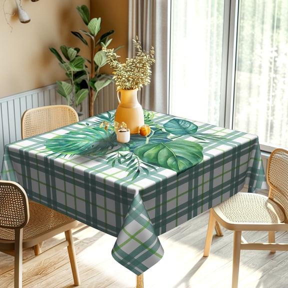 Summer Tropical Hawaiian Leaf Square Tablecloth Stain Resistant Wrinkle Free Green Checkered Table Cloth Outdoor Indoor Table Cover Luau Tablecloth for Picnic BBQ Kitchen Dining Use,54 Inch