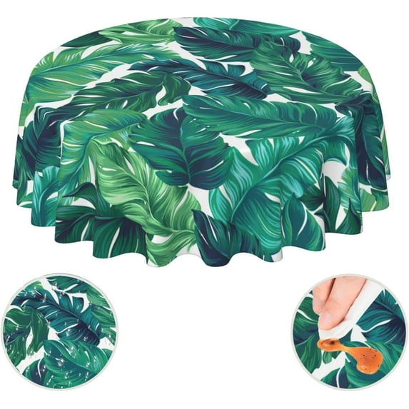 Summer Tropical Hawaiian Leaves Turquoise Leaf Waterproof Picnic Patio Party Round Table Cloth Cover Decorations Fabric 60 Inch Circular Tablecloth For 20-47 Inch Home Dining Room Kitchen Decor