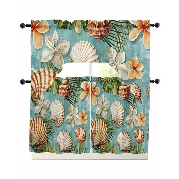 Summer Tropical Kitchen Curtains Swag Valance and Tier Curtains Set 36 Inch Length, Coastal Shell Flower Palm Leaf Rod Pocket Drape Panels Pair Swag Curtain for Bathroom/Cafe/Window