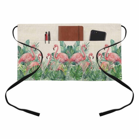 Summer Tropical Kitchen Restaurant Half Waist Apron, Pink Flamingos and Green Palm Trees Retro Linen Server Short Apron with 3 Pockets Waterproof Oil Waist Aprons for Women Waitress Waiter