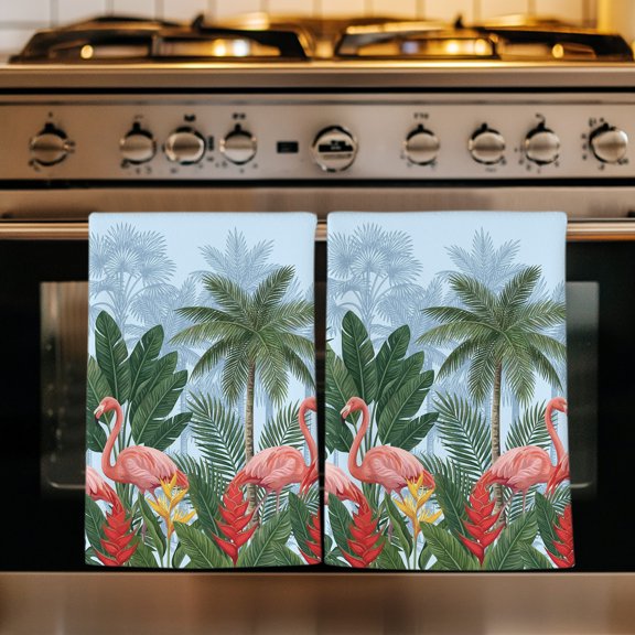 Summer Tropical Kitchen Towels Set of 4, Blue Coastal Pink Flamingo Palm Trees Absorbent Dish Towels for Kitchen, Microfiber Hand Towel, Quick Drying Tea Towel for Cleaning Decorative Dishcloths