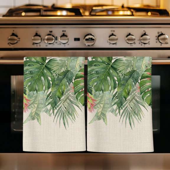 Summer Tropical Kitchen Towels Set of 4, Farmhouse Palm Leaves Floral Burlap Absorbent Dish Towels for Kitchen, Microfiber Hand Towel, Quick Drying Tea Towel for Cleaning Decorative Dishcloths