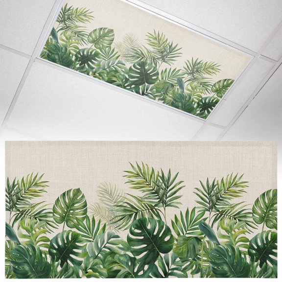 Summer Tropical Leaf Fluorescent Light Covers Country Watercolor Green Plant Leaves Linen Magnetic Light Filters Ceiling Lighting Panel Shade for Classroom Office Home 2 x 4 ft, 1 Pack