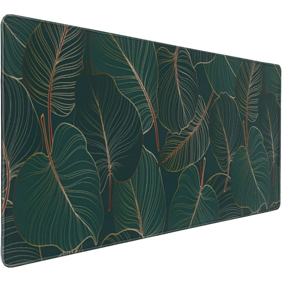 Summer Tropical Leaf Mouse Pad 35.4 X 15.7 Inch XXL Dark Green Leaf Print Full Desk Mousepad Extended Large Non-Slip Rubber Base Keyboard Mat with Stitched Edges for Gaming Office