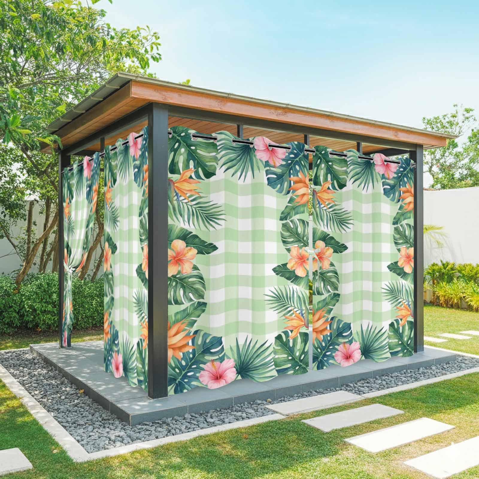 Summer Tropical Leaf Outdoor Curtains for Patio, Country Forest Green Leaf Pink Flower Green Plaid Sunshade Privacy Drapes Grommet Waterproof Outside Curtains for Porch Balcony 54"x108", 1 Panel