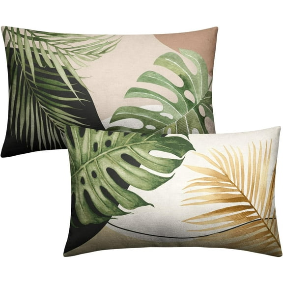Summer Tropical Leaf Pillow Covers 12x20 Set of 2 Monstera Palm Leaf Lumbar Throw Pillow Cover Green Leaves Botanical Plant Outdoor Rectangle Pillow Case for Living Room Couch Sofa
