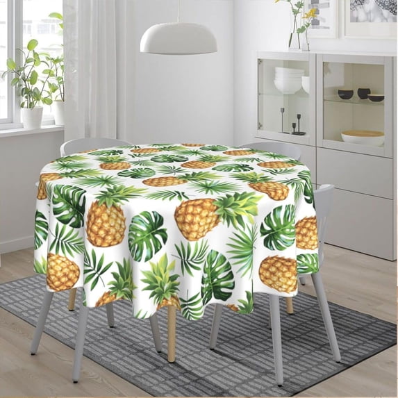 Summer Tropical Leaf Pineapple Round Tablecloth 60 Inch, Decorative Holiday Home Party Table Cloth for Kitchen Dining Picnic Table Cover
