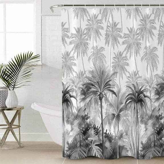 Summer Tropical Leaves Bathroom Curtain 72 Inch Shower Stall Curtain with Hooks, Gray Palm Trees Botanical Waterproof Polyester Bath Curtain Washable Bathtub Curtain 36''x 72''