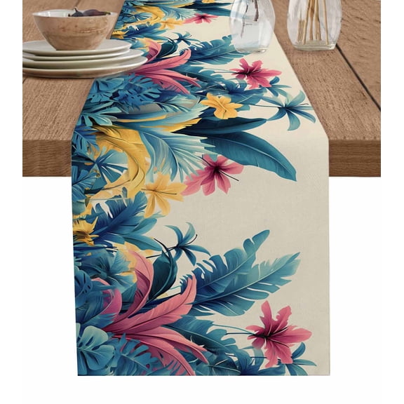 Summer Tropical Leaves Burlap Cotton Table Runner 13x36 Inches Short, Farmhouse Botanical Plants Farmhouse Table Runners, Outdoor Dining Tablecloths Decor for Baby Shower/Party/Wedding