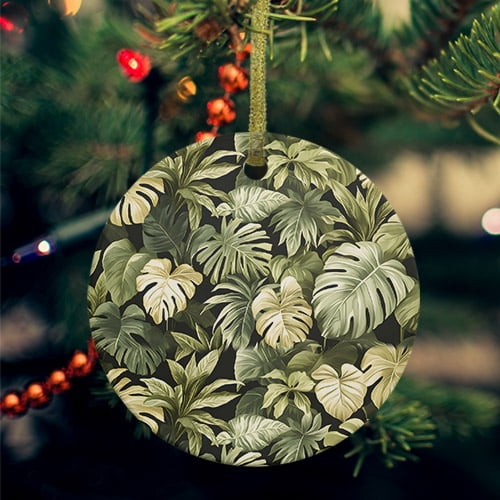Summer Tropical Leaves Ceramic Ornaments, Watercolor Botanical Plants Round Porcelain Hanging Ornaments with Gold String, Xmas Decorations Keepsake Gifts for Holiday Home Party 3''