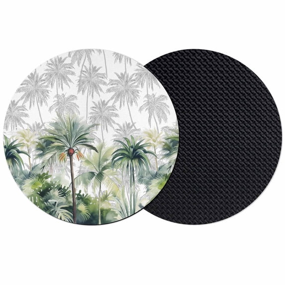 Summer Tropical Leaves Coasters Set of 2, Green Botanical Palm Trees Absorbent Coasters for Drinks, Coaster for Bar Office Dining Coffee Table Accessories Decor, Non Slip Round Desk Coaster