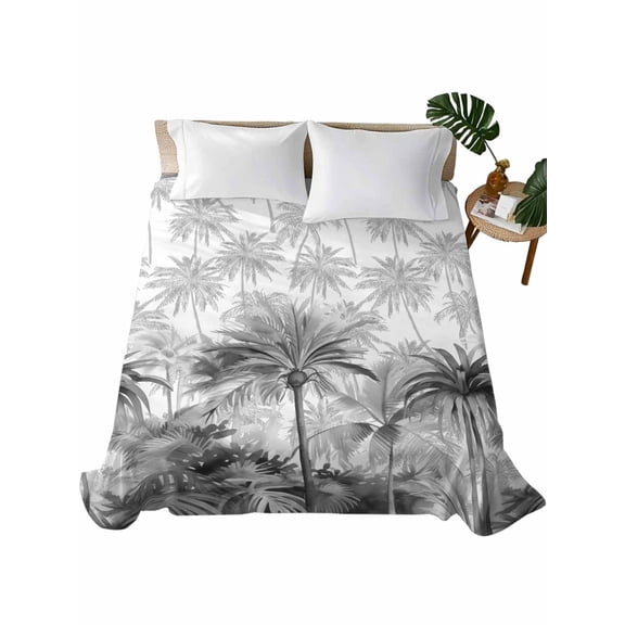 Summer Tropical Leaves Flat Sheet Only Twin Size, Soft Breathable Bed Top Sheets for Mattress, Gray Palm Trees Botanical Luxury Bedding Flat Sheets for Home Hotel Bedroom Bed Protection