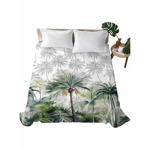 Summer Tropical Leaves Flat Sheet Only Twin Size, Soft Breathable Bed Top Sheets for Mattress, Green Botanical Palm Trees Luxury Bedding Flat Sheets for Home Hotel Bedroom Bed Protection