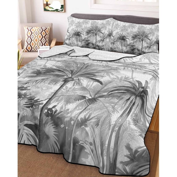 Summer Tropical Leaves Full Size Down Alternative Comforter, Lightweight Comforter Quilt Bedding Set with Pillow Shams Gray Palm Trees Botanical All Seasons Bed Comforter Duvet Insert 78"x90"