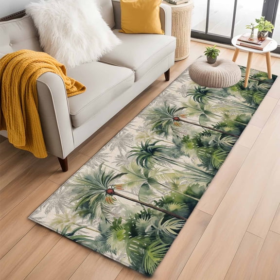 Summer Tropical Leaves Hallway Runner Rug 2'x6', Non Slip Area Rugs for Entryway, Green Palm Trees Botanical Washable Low Pile Indoor Floor Carpet for Laundry Room Bedroom Kitchen Corridor
