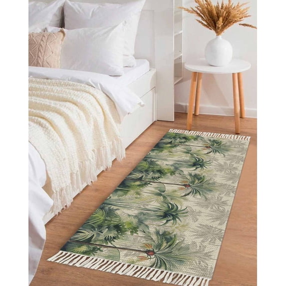 Summer Tropical Leaves Hallway Runner Rug 2x6ft,Green Palm Trees Botanical Washable Woven Living Room Bedroom Kitchen Bathrom Carpet with Tassels,Indoor Outdoor Throw Door Mat for Entryway