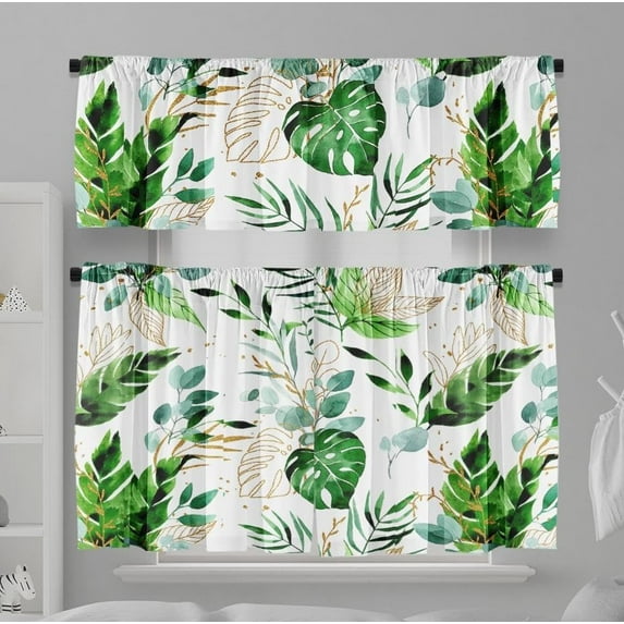 Summer Tropical Leaves Kitchen Curtains Short and Valance Set Green Palm Leaf Gold Fabric Curtain Drapes Cafe Curtains Valance for Home Decor