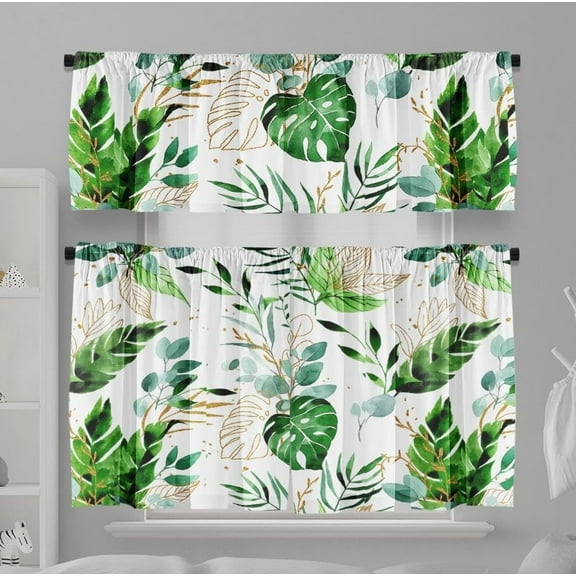 Summer Tropical Leaves Kitchen Curtains Short and Valance Set Green Palm Leaf Gold Fabric Curtain Drapes Cafe Curtains Valance for Home Decor