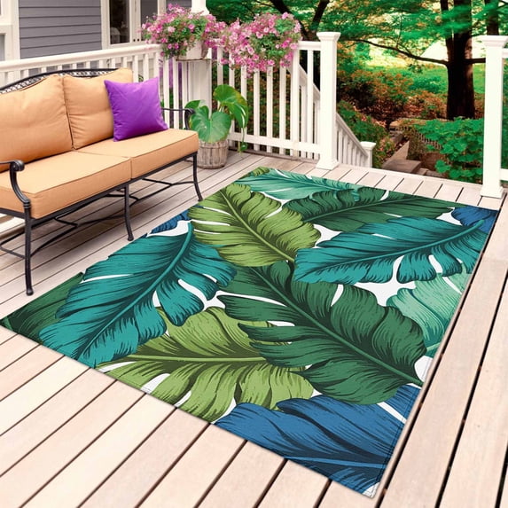 Summer Tropical Leaves Outdoor Rug 6x9 Ft, Non Slip Washable Area Rug, Blue Green Botanical Leaf Plants Patio Rugs Carpet Runner, Large Floor Mat for Indoor/Outdoor Deck Porch Camping
