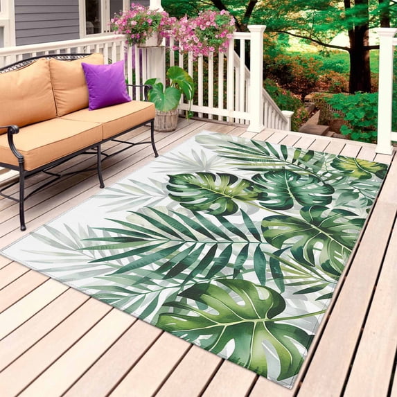 Summer Tropical Leaves Outdoor Rug for Patio/Deck/Porch, Non-Slip Large Area Rug 5 x 7 Ft, Botanical Green Palm Indoor Outdoor Rugs Washable Area Rugs, Reversible Camping Rug Carpet Runner