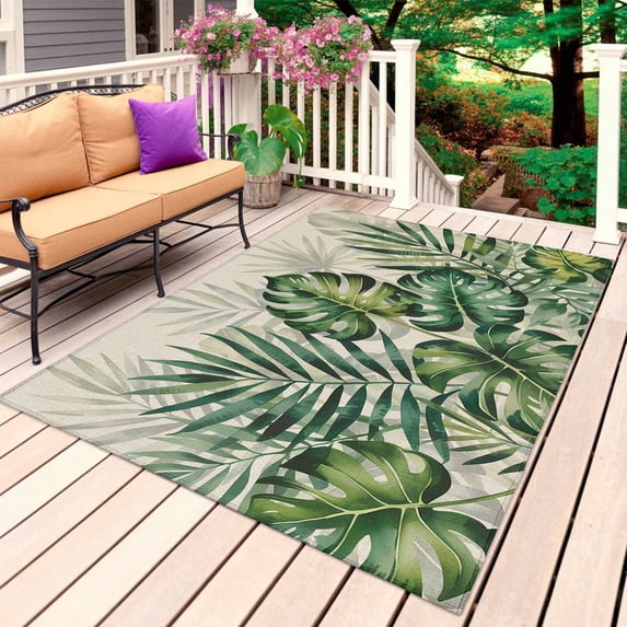 Summer Tropical Leaves Outdoor Rug for Patio/Deck/Porch, Non-Slip Large Area Rug 5 x 7 Ft, Vintage Botanical Green Palm Indoor Outdoor Rugs Washable Area Rugs, Reversible Camping Rug Carpet Runner
