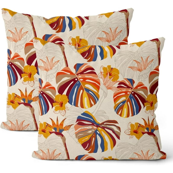 Summer Tropical Leaves Pillow Covers 18x18 Set of 2, Colorful Monstera Palm Decor Throw Pillow Covers Linen Outdoor Decorative Summer Cushion Case for Couch Sofa Outdoor Home Decor