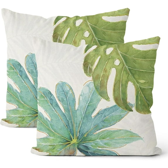 Summer Tropical Leaves Pillow Covers 18x18 Set of 2, Green Monstera Palm Decor Throw Pillow Covers Linen Outdoor Decorative Summer Cushion Case for Couch Sofa Outdoor Home Decor