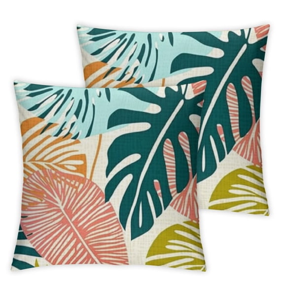 Summer Tropical Leaves Pillow Covers  Hawaiian Style Coral Orange Aqua Blue Leaf Print Decorative Throw Pillows Outdoor Modern Decorations Pillow Cases for Couch Sofa Bed Decor