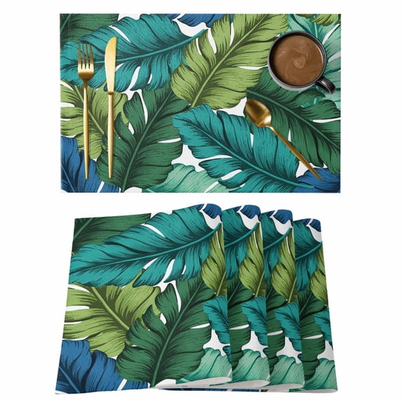 Summer Tropical Leaves Placemats Set of 8 Blue Green Botanical Leaf Plants Place Mats Indoor Wipeable Table Mats Washable Cloth Dining Table Placemats for Kitchen Holiday Party Home Decor 13x19 Inch