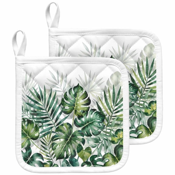Summer Tropical Leaves Pot Holders for Kitchen Heatproof Potholder, 2 Pack Botanical Green Palm Hot Pads Multipurpose Oven Pads Cloth Potholders Trivet for Cooking and Baking