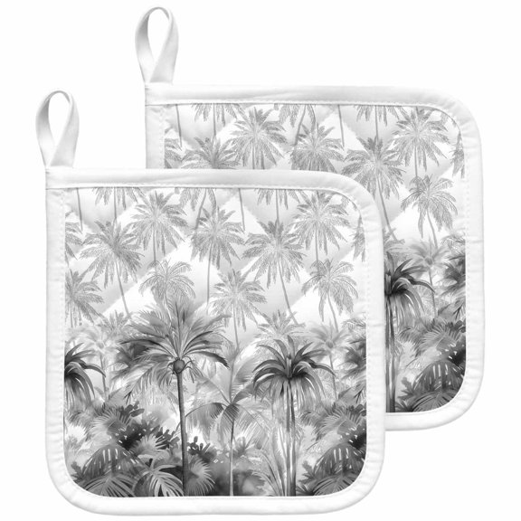 Summer Tropical Leaves Pot Holders for Kitchen Heatproof Potholder, 2 Pack Gray Palm Trees Botanical Hot Pads Multipurpose Oven Pads Cloth Potholders Trivet for Cooking and Baking