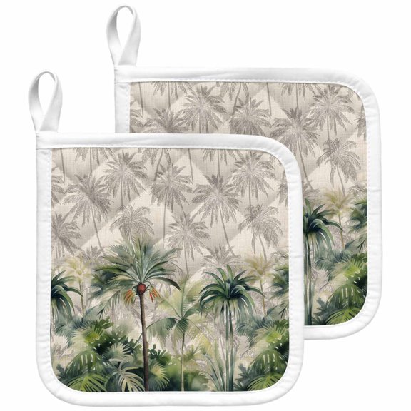 Summer Tropical Leaves Pot Holders for Kitchen Heatproof Potholder, 2 Pack Green Palm Trees Botanical Hot Pads Multipurpose Oven Pads Cloth Potholders Trivet for Cooking and Baking